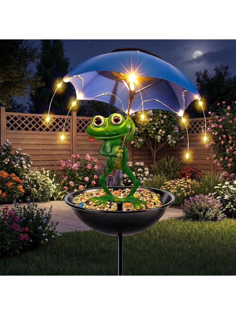 Charming Solar Umbrella Garden Statue with LED Lights, Frog Bird Feeder for